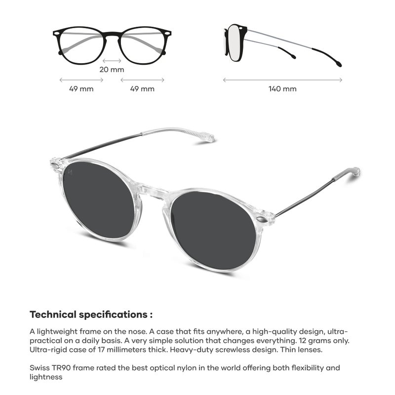NOOZ Optics Unisex Reading Sunglasses - Slim & Lightweight - Presbyopia Readers for Women & Men with Compact Case CRUZ - Round - Crystal - 2 - Image 3